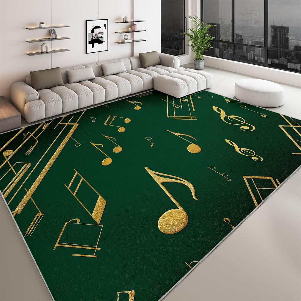 Music Notes Green Stripes Living Room Rug 5' x 7' Area Rug, Washable Carpet Mat for Dining Room, Bedroom, Low Pile Non Slip Stain Resistance Indoor Vintage Carpet