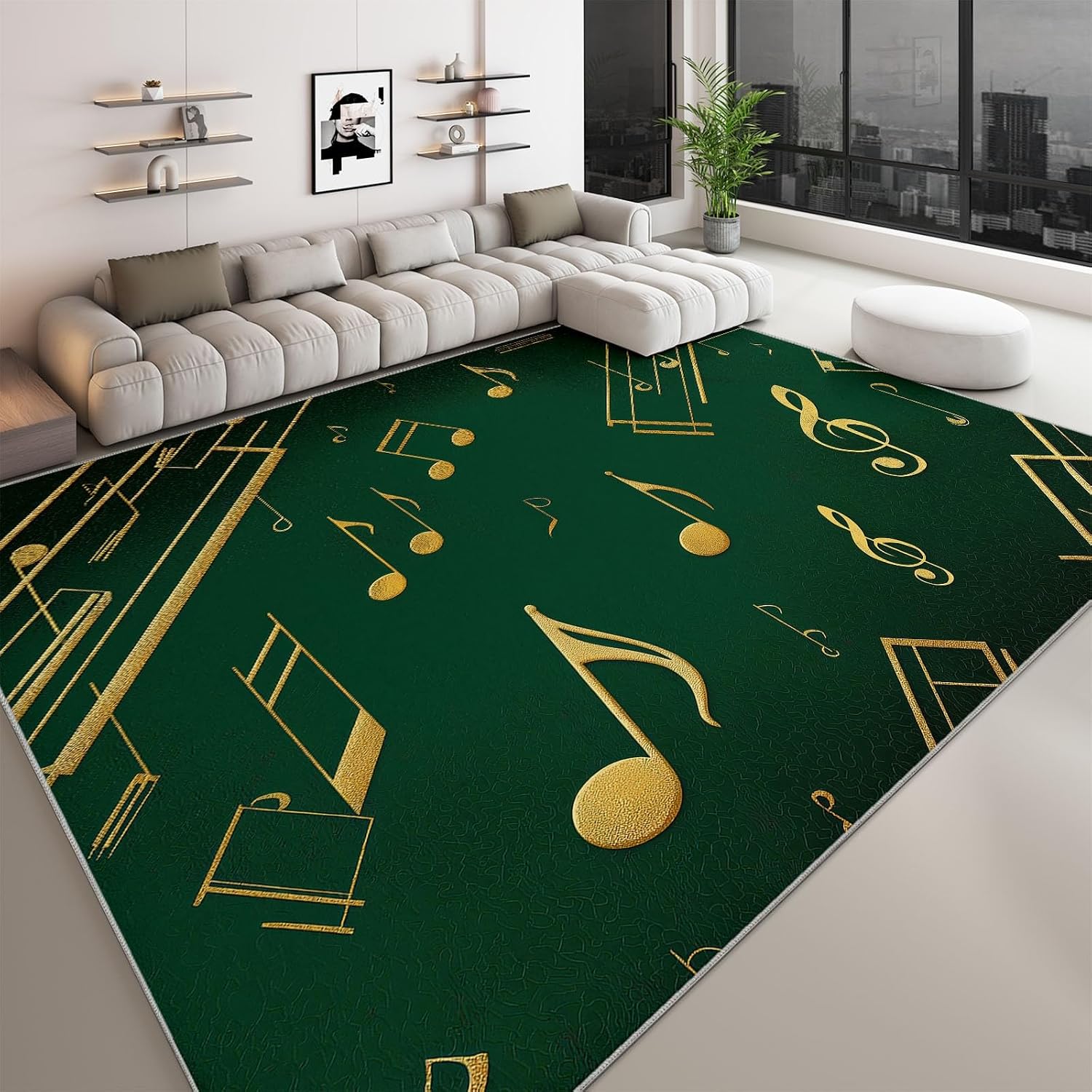 Music Notes Green Stripes Living Room Rug 5' x 7' Area Rug, Washable Carpet Mat for Dining Room, Bedroom, Low Pile Non Slip Stain Resistance Indoor Vintage Carpet