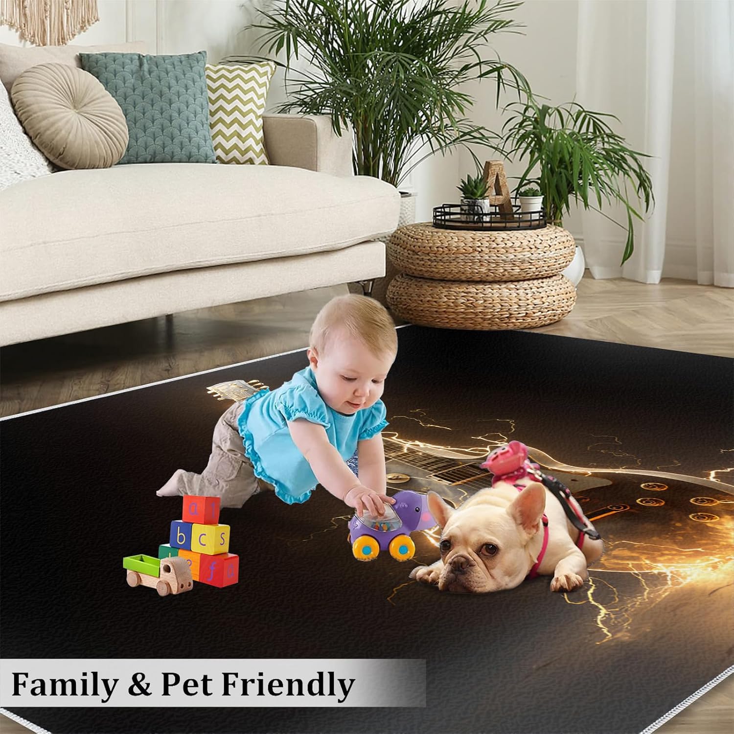Music Guitar Rug for Bedroom - Music Area Rug - Guitar Lover Rugs for Living Room, Non-Slip Low Pile Carpet for Classroom Recording Studio Band 5x7ft
