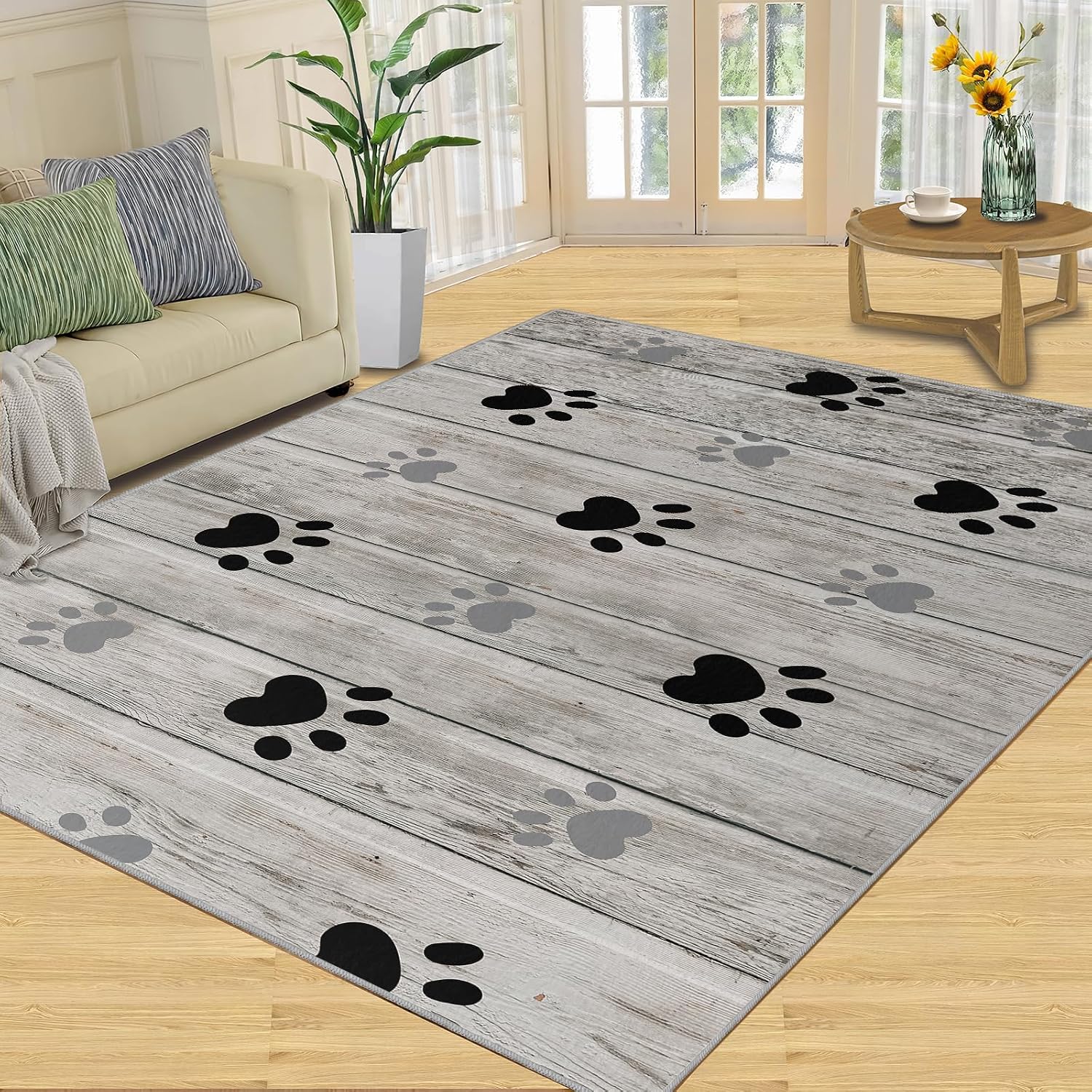 6x8 Rug Cute Dog Paws Home Decor Rug, Gray Wooden Board Art Easy Clean Carpet with Anti-Slip Backing Durable Not Falling Off for Bedroom Living Room Dining Room Office