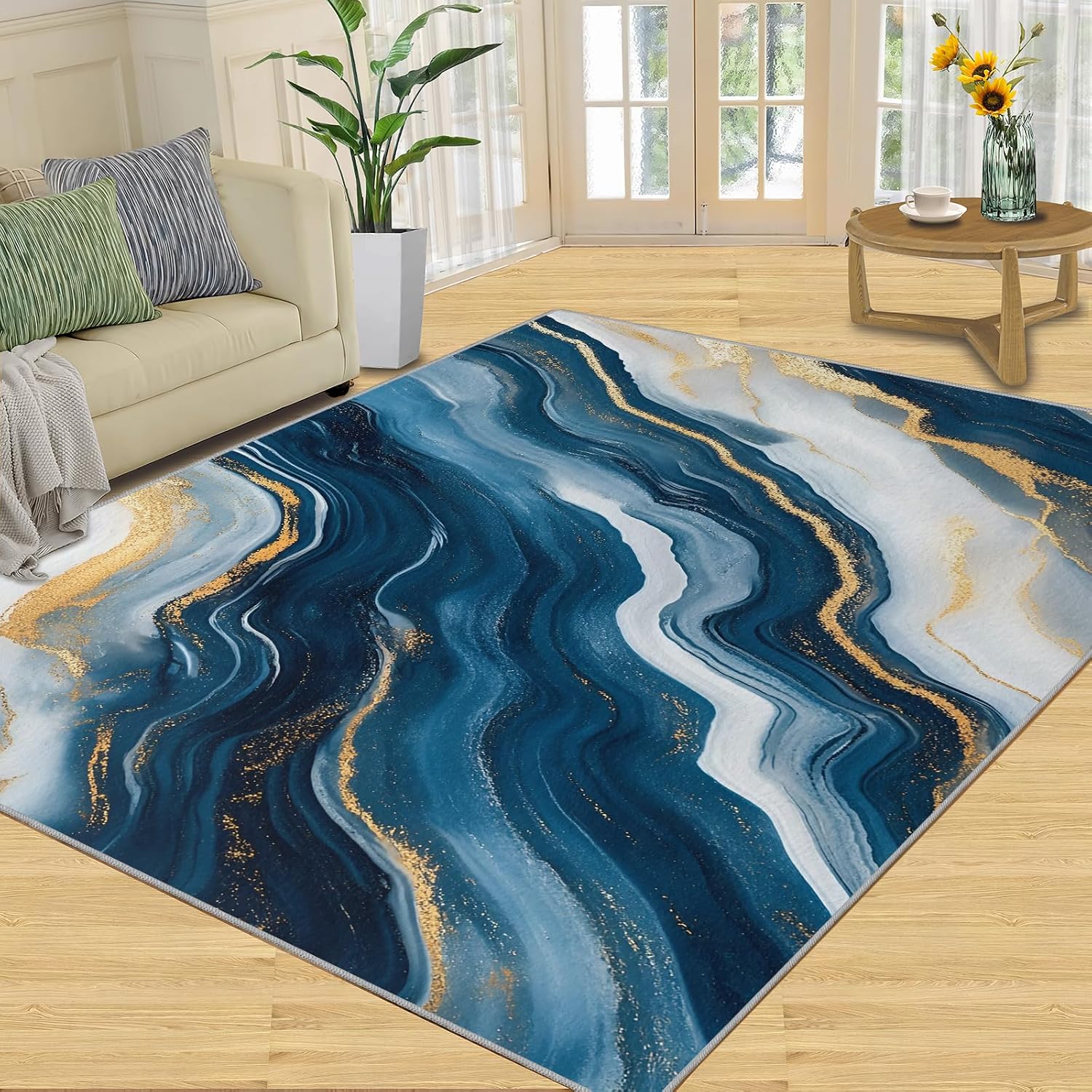 Modern Area Rug Large - 6x8 Rug, Blue Gold Marble Rugs for Living Room, Light Luxury Carpet, Abstract Washable Area Rugs for Bedroom, Contemporary Carpet, Blue Marble Home Decor