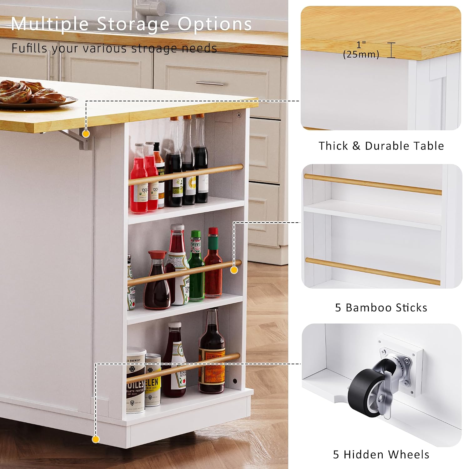 Kitchen Storage Island on Wheels with Drop Leaf & Power Outlet, Rolling Kitchen Island Cart with Open Side Racks, Door Shelves and Towel Bar, 53-Inch, White