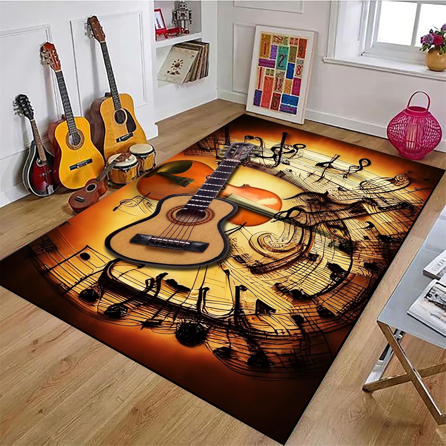Guitar Rug,6x8ft, Electric Guitar Area Rug，Electric Guitar Music Indoor Rugs，Anti-Slip Noise Reduction Machine Washable Music Rug for Music Room Living Room Bedroom Office Home Decor