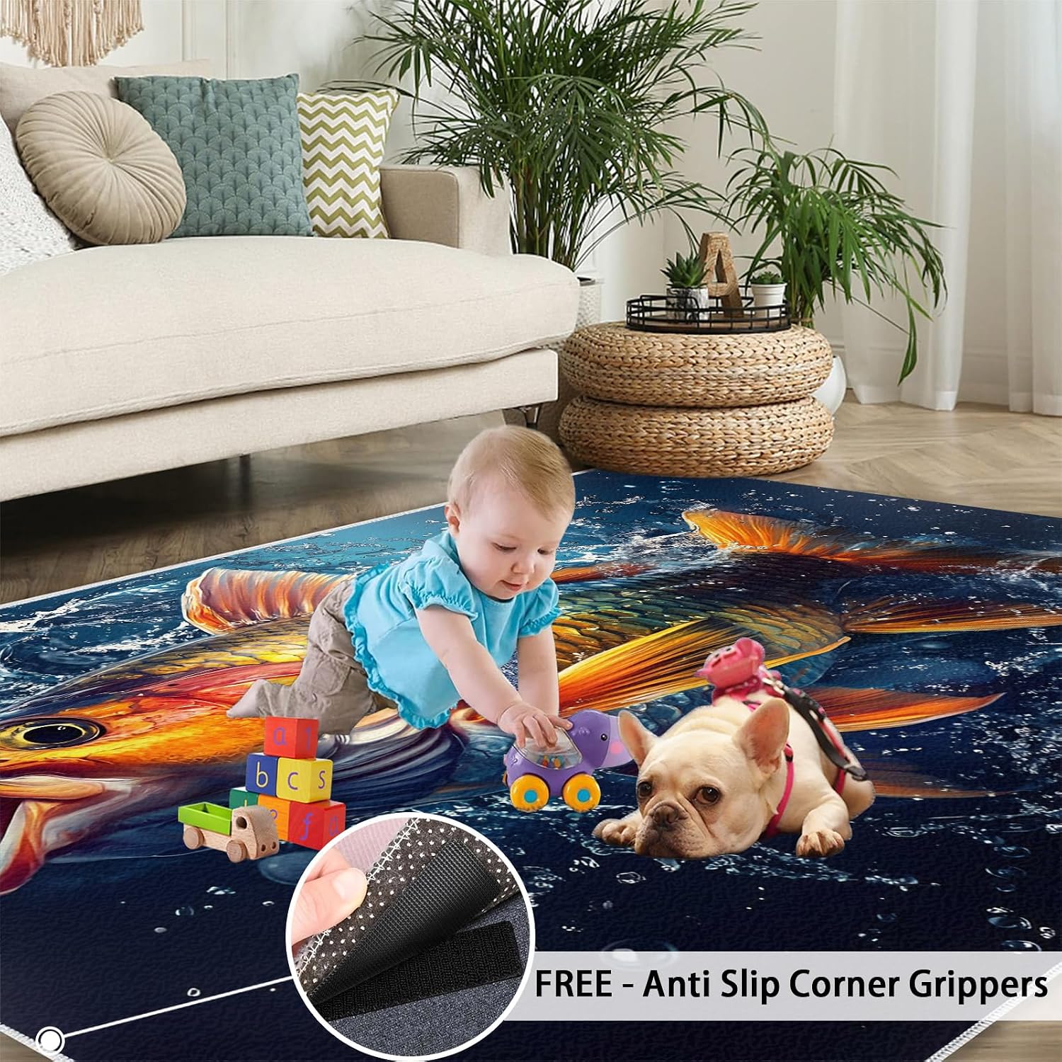 Fish Rugs for Bedroom, Carp Rug 6x8, Animals Dining Room Rugs Washable & Non Slip Large Carpet for Home Decor
