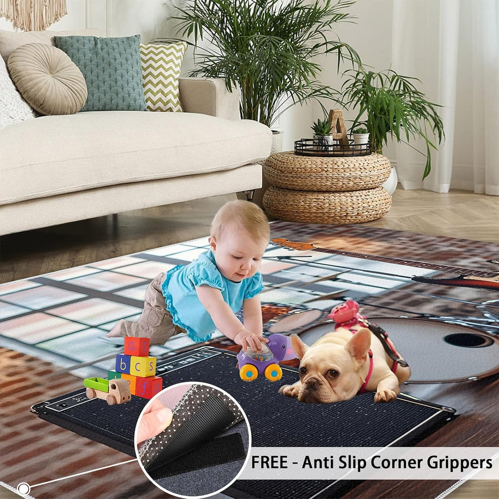 Music Area Rug Large - 8x10 Rug, Guitar Rugs for Living Room, Drum Set Area Rugs for Bedroom, Boys Washable Carpet, Music Home Decor & Gifts