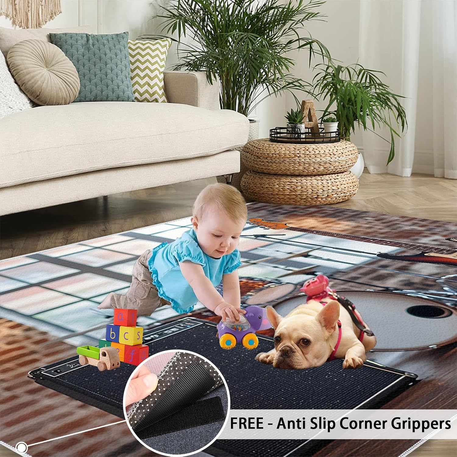 Music Area Rug Large - 6x8 Rug, Guitar Rugs for Living Room, Drum Set Area Rugs for Bedroom, Boys Washable Carpet, Music Home Decor & Gifts