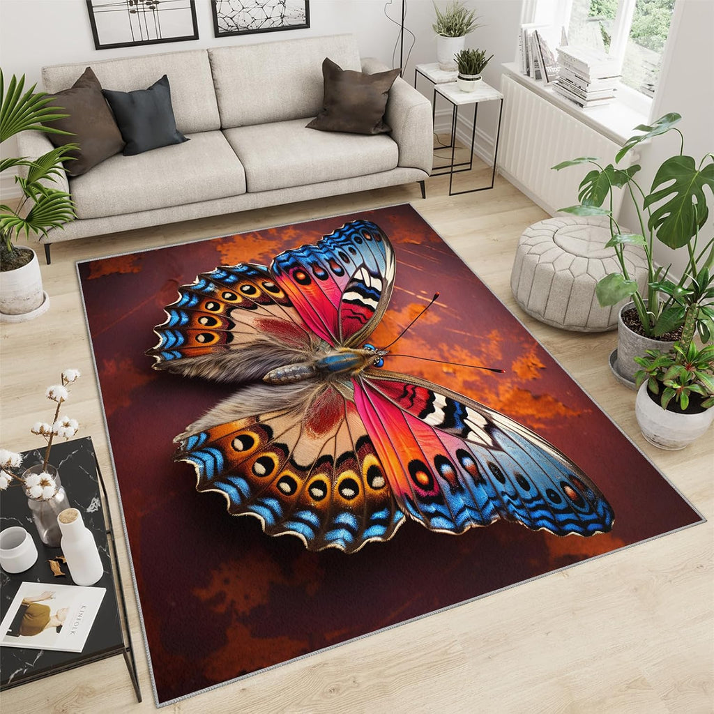 6x8 Rug Butterfly Boho Area Rugs, Retro Colorful Butterfly Soft Washable Carpet, Upholstery Rug with Non-Slip Backing for Kids Boys Girls Bedroom Living Room Dining Room Study