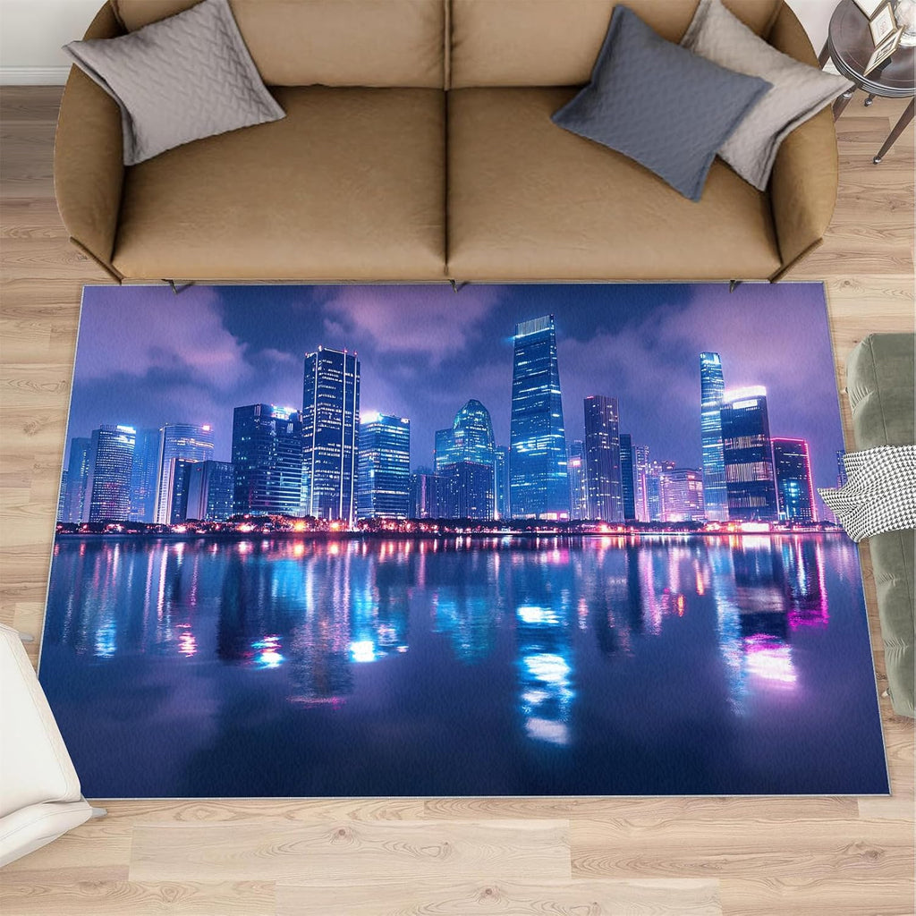 Futuristic Rugs for Living Room 6x8 Rug, Sci-Fi City Area Rug, City Night Scene Rugs, Large Machine Washable Rug, Non-Slip Floor Carpet for Bedroom Kids Room Home Decor