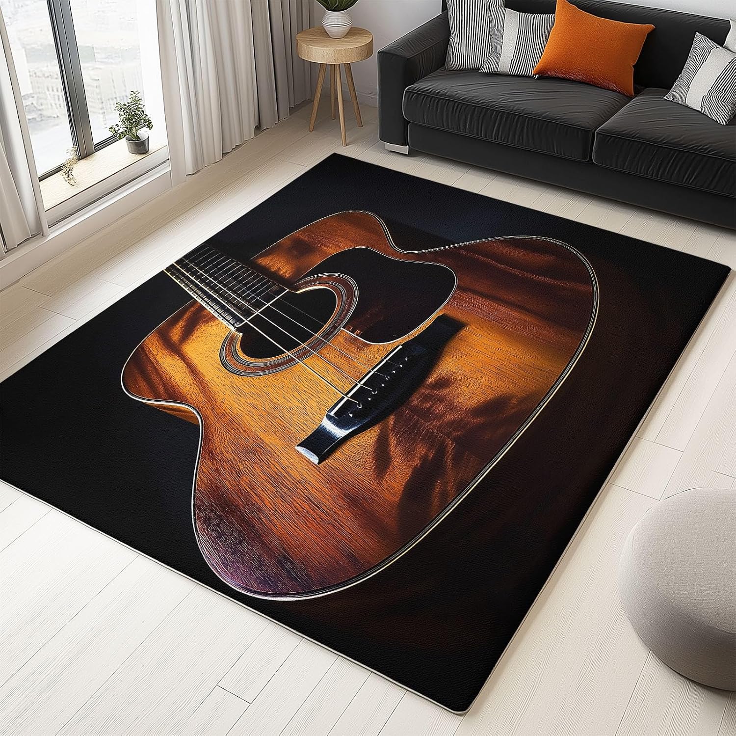 Washable Area Rugs 5x7 ft Musical Instrument Guitar Black Living Room Rug Non-Slip Indoor Floor Carpet for Bedroom Nursery Kids Playroom Office Dining Room Home Decor