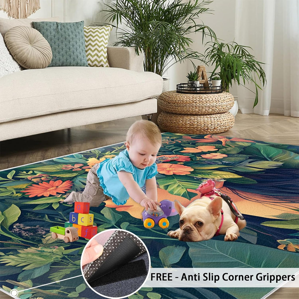 6x8 Florals Garland Woman Area Rug - Flowers Large Rugs for Living Room, Natural Plants Carpet Area Rug for Girls Bedroom Kids Room Basement Office Classroom