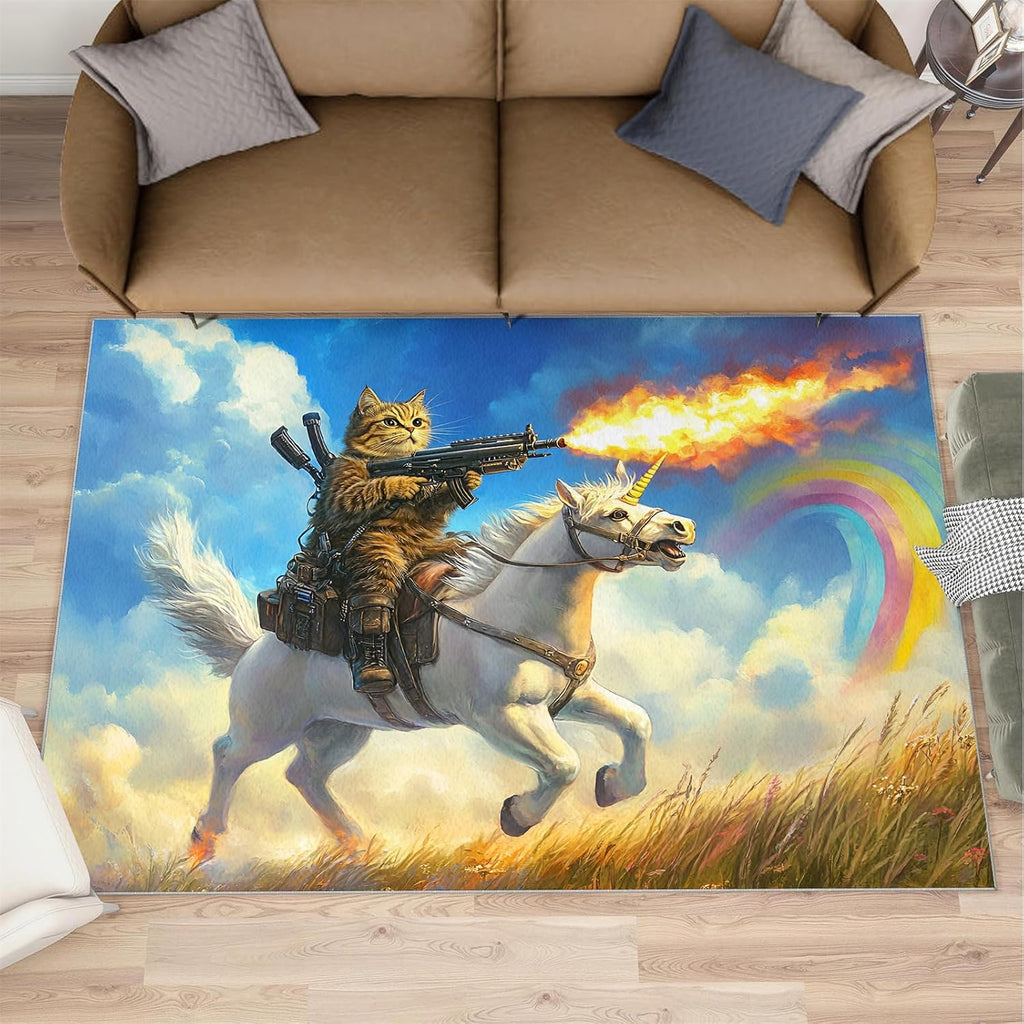 Cartoon Rugs for Living Room, Animal Print Rug, Horse & Cat Prints Washable Rugs for Bedroom, Low Pile & Non Slip, Indoor Carpet, 6x8 Area Rug & Home Decor