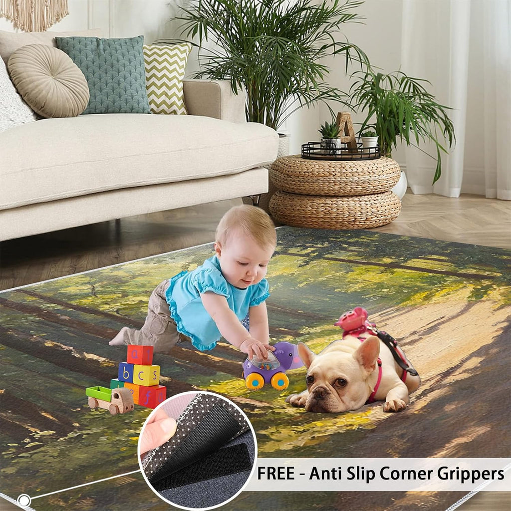 Forest Rugs for Bedroom, Sunshine Forest Rug 6x8, Natural Oil Painting Dining Room Rugs Washable & Non Slip Large Carpet for Home Decor