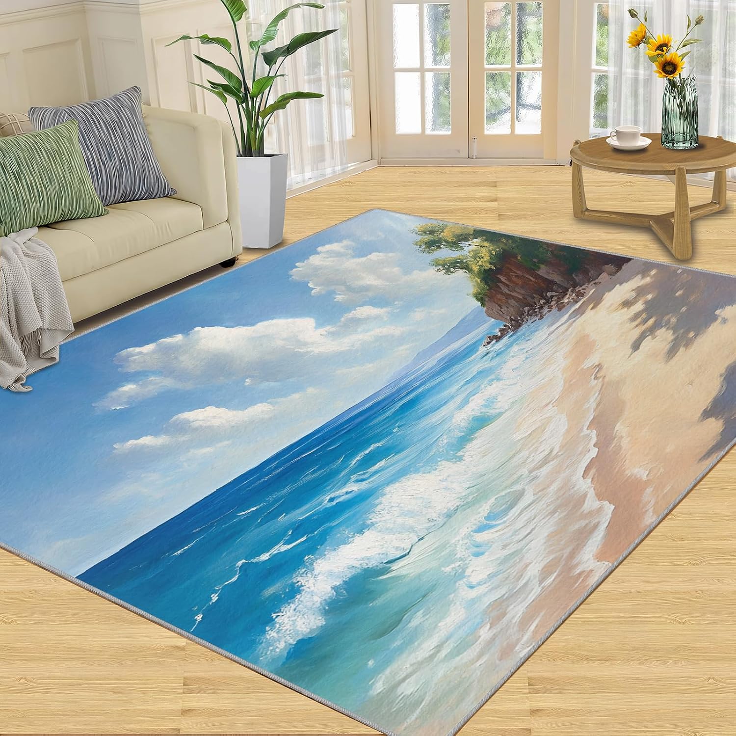 Beach Rug 6x8, Tropical Scenery Rugs for Living Room, Cartoon Rugs for Bedroom, Low Pile Washable Area Rug, Non Slip Carpet for Hardwood Floors