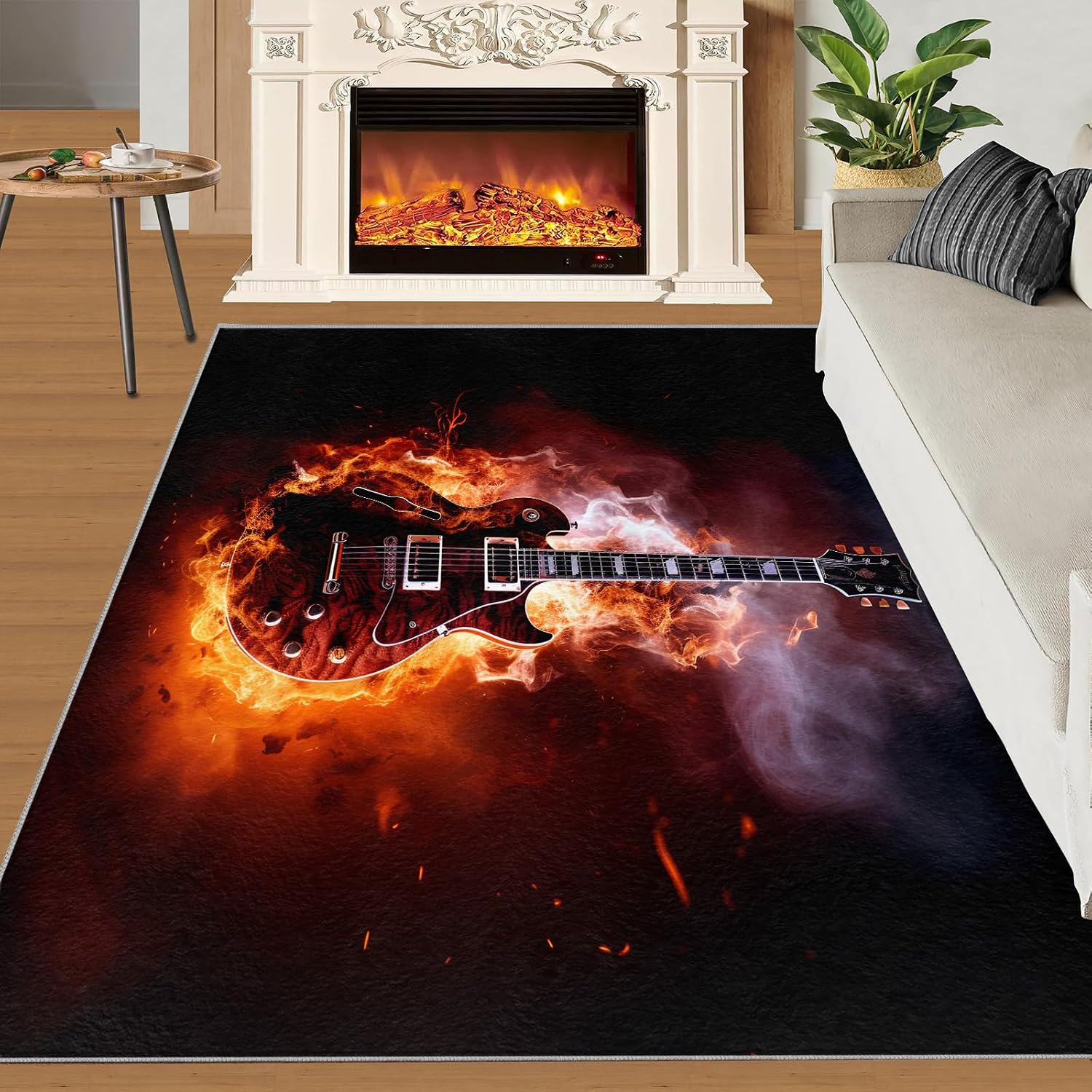 Burning Guitar Music Instrument Area Rug 5x6ft Musical Note Flame Guitar Living Room Rugs, Indoor Non-Slip Kids Rugs, Machine Washable Breathable Durable Carpet for Front Entrance Floor Decor