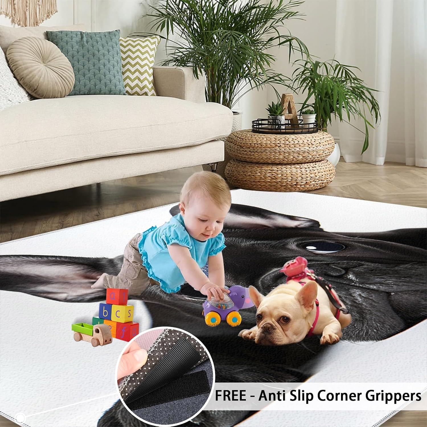 French Bulldog Rugs for Bedroom, Bulldog Puppy Rug 6x8, Cute Dog Portrait Dining Room Rugs Washable & Non Slip Large Carpet for Home Decor