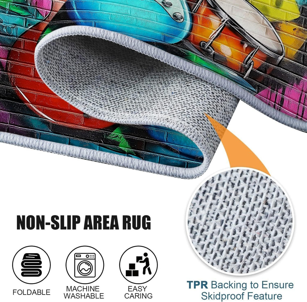 Washable Area Rugs 6x8 ft Colorful Graffiti Guitar Living Room Rug Non-Slip Indoor Floor Carpet for Bedroom Nursery Kids Playroom Office Dining Room Home Decor