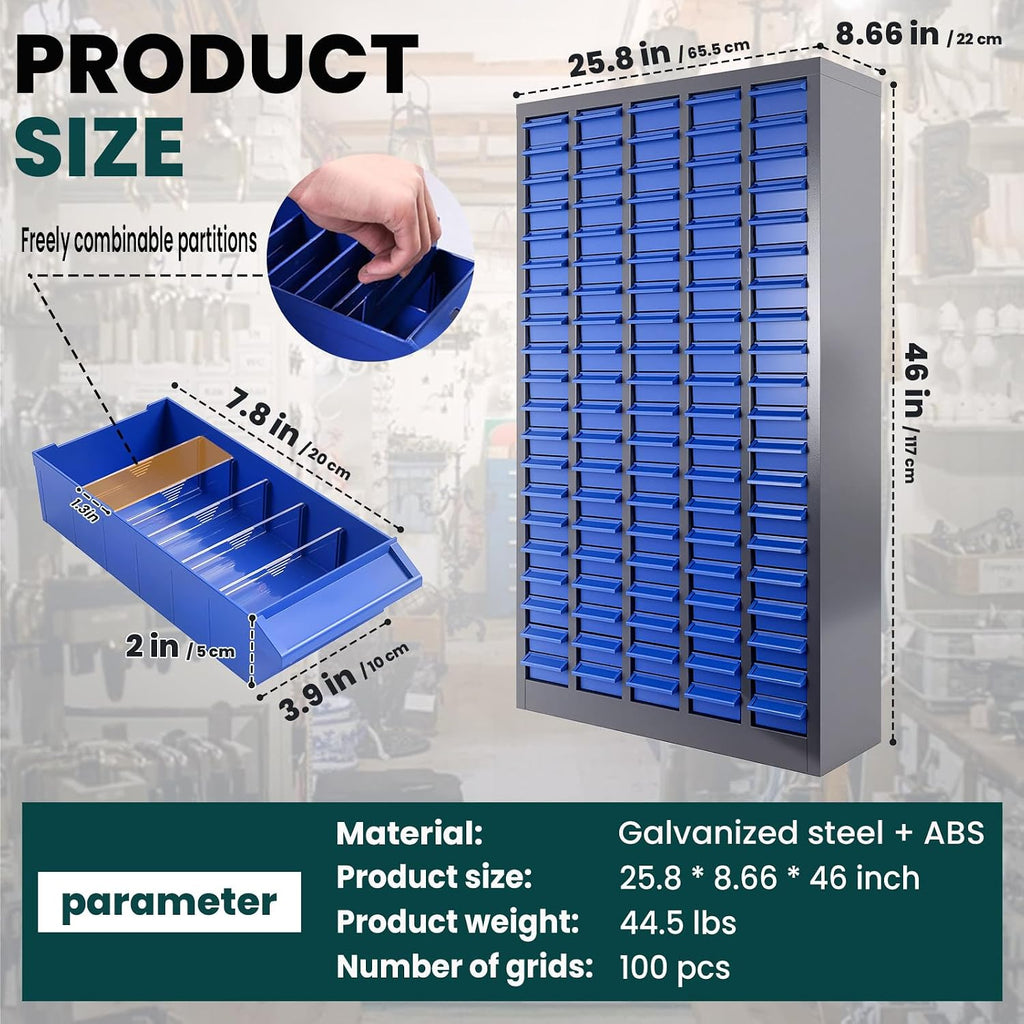 Parts Cabinet 100 Drawers with Dividers and Labels,Stainless Steel Bolt Box Organizer,ABS Material Drawer,26' x 8.66' x 46' Nuts and Bolts Organizer for Store, Toys, Parts,Screws (Classic 100 Drawers)