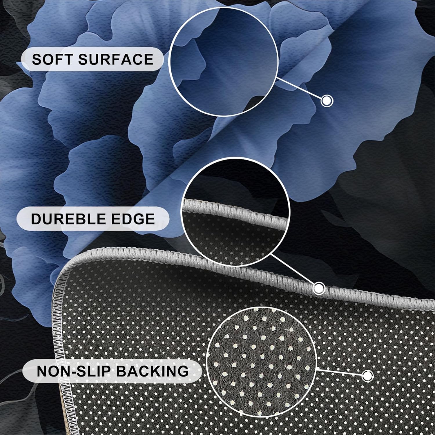 Dream Blue Roses Area Rug, Classical Black Leaves Rugs for Living Room, Indoor Non-Slip Kids Rugs, Machine Washable Breathable Durable Carpet for Front Entrance Floor Decor,6 x 8ft