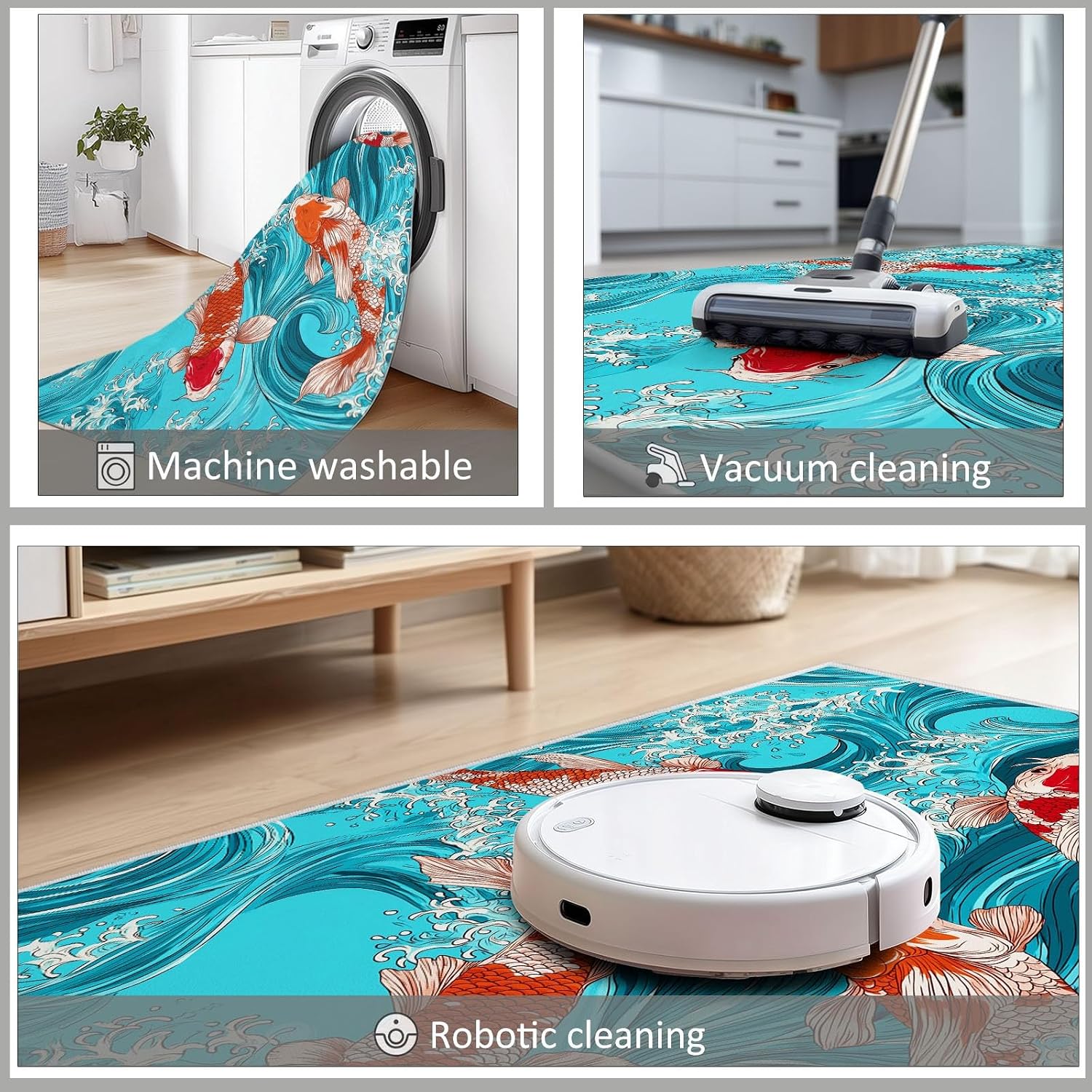 Water Waves Animals Fish Print Area Rug 5 x 7 ft for Living Room, Soft Washable Carpet for Bedroom Japanese Art Style Non-Slip Rug - Stain Resistant Carpets for Kids Playroom Classroom Dining Room