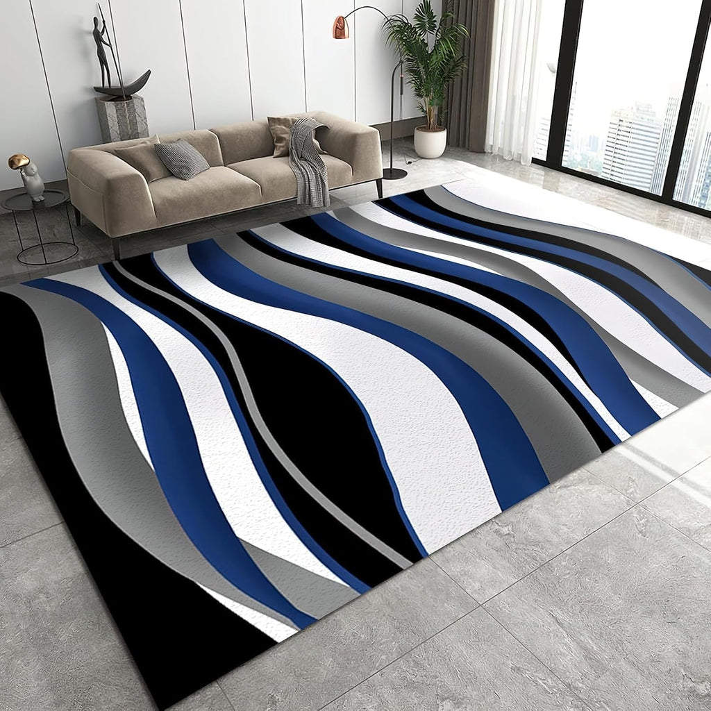 6x8 Rug Blue Twisted Lines Gradient Indoor Non-Slip Kids Rug, Abstract Irregular Black White Gray Upholstery Rug with Non-Slip Backing for Kids Boys Girls Bedroom Living Room Dining Room