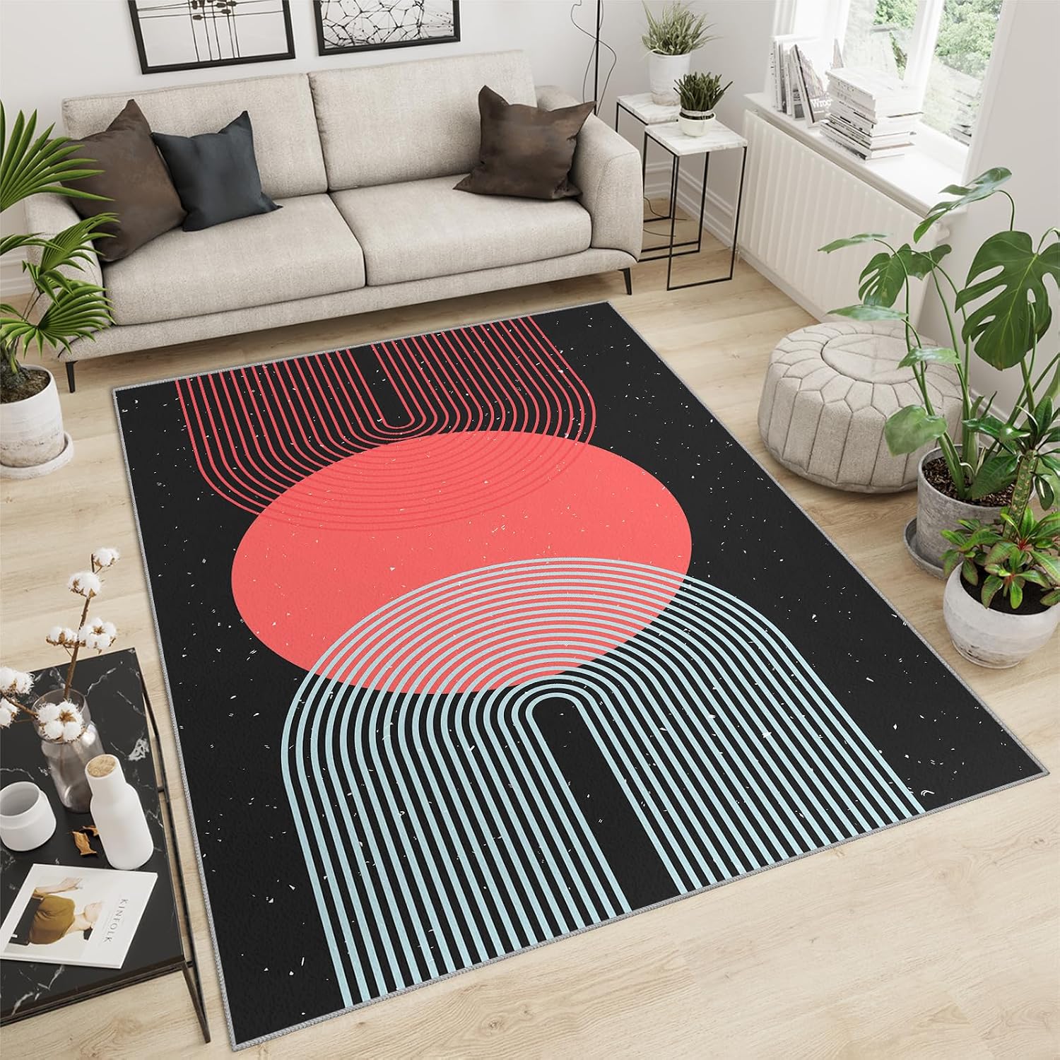 Abstract Boho Art Area Rug, Nordic Sun Print Rugs for Living Room, Indoor Non-Slip Kids Rugs, Machine Washable Breathable Durable Carpet for Front Entrance Floor Decor,6 x 8ft