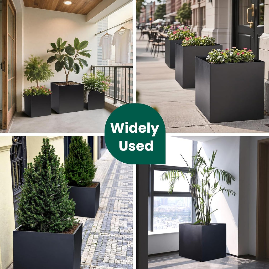 Galvanized Steel Planter Box Black Metal Planter 24Inch Large Square Indoor Outdoor Planters Cube Steel Heavy Duty Planter Powder Coating Modern Commercial Residential for Plants, Patio, Yard, Garden