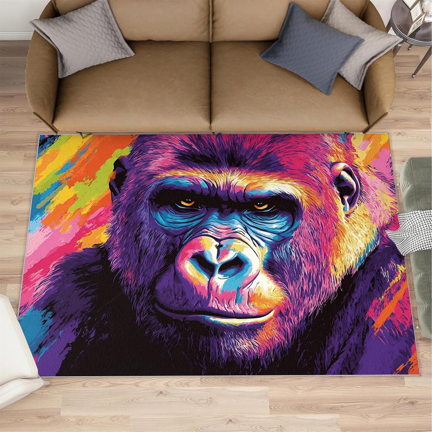 Gorillas Rug - 6x8 Rugs for Bedroom, Graffiti Gorillas Area Rug, Chimpanzee Washable Rugs for Living Room, Non Slip Animal Indoor Carpet - Home Decor, Tropical Wildlife Gifts for Kids