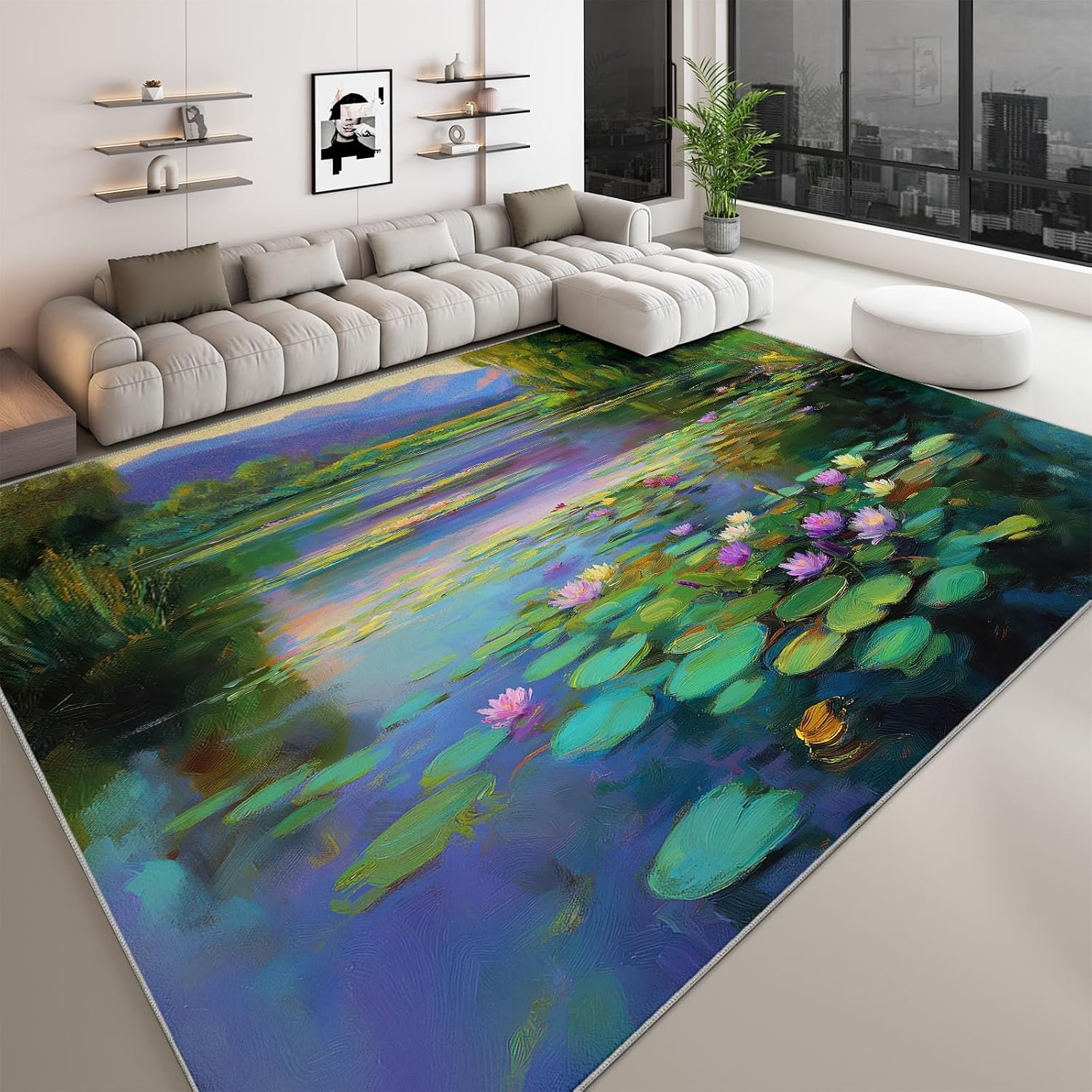 Oil Painting Area Rug 5 x 7 ft for Living Room Bedroom, Pond Mountains Lotus Leaves Willow Trees Indoor Washable Kitchen Carpet Non-Slip Low-Pile Carpet Lightweight Rug for Dining Room Bathroom Door