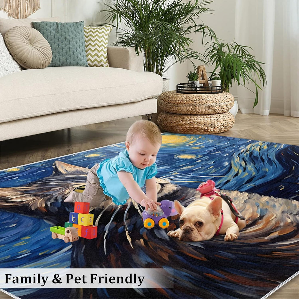 6x8 Area Rug - Starry Sky American Shorthair Cat Large Rugs for Living Room, Post-Impressionist Art Painting Carpet Area Rug for Girls Bedroom Kids Room Basement Office Classroom