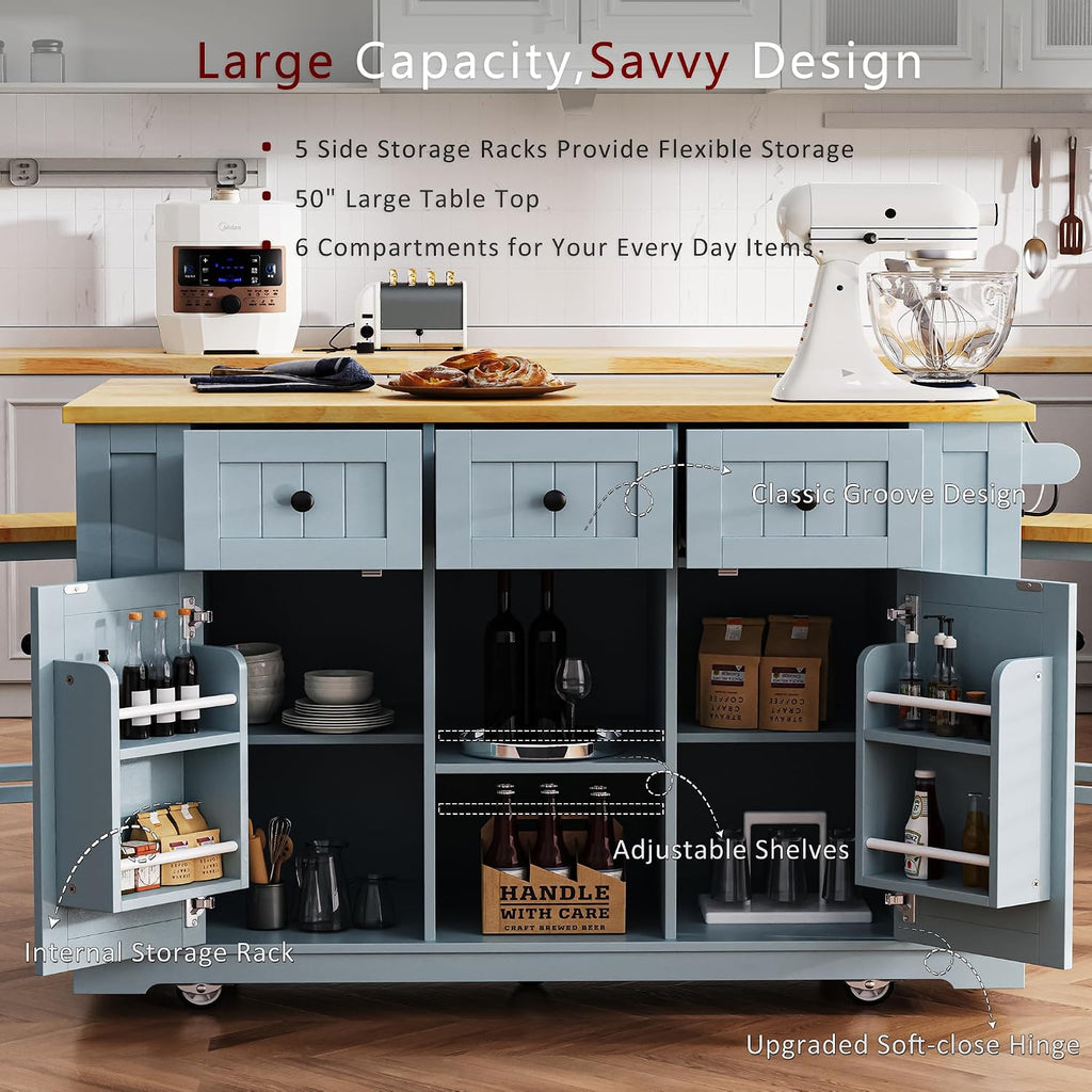 Kitchen Storage Island on Wheels with Drop Leaf & Power Outlet, Rolling Kitchen Island Cart with Open Side Racks, Door Shelves and Towel Bar, 53-Inch, Gray Blue