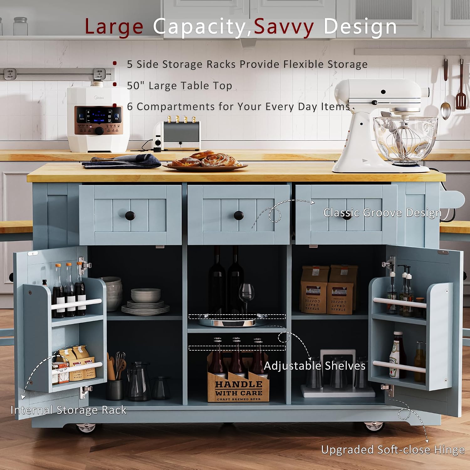 Kitchen Storage Island on Wheels with Drop Leaf & Power Outlet, Rolling Kitchen Island Cart with Open Side Racks, Door Shelves and Towel Bar, 53-Inch, Gray Blue