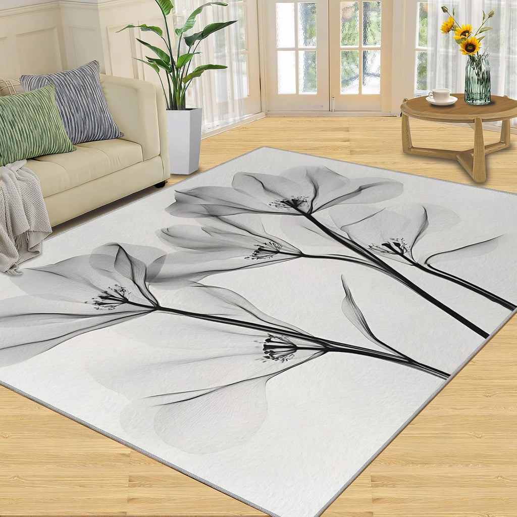 Black and White Laser Flowers Area Rug, Watercolor Flowers Bedroom Rug, Non Slip Bedside Rugs for Living Room Study Office Kitchen Dining Room Decor Floor Mat 6x8