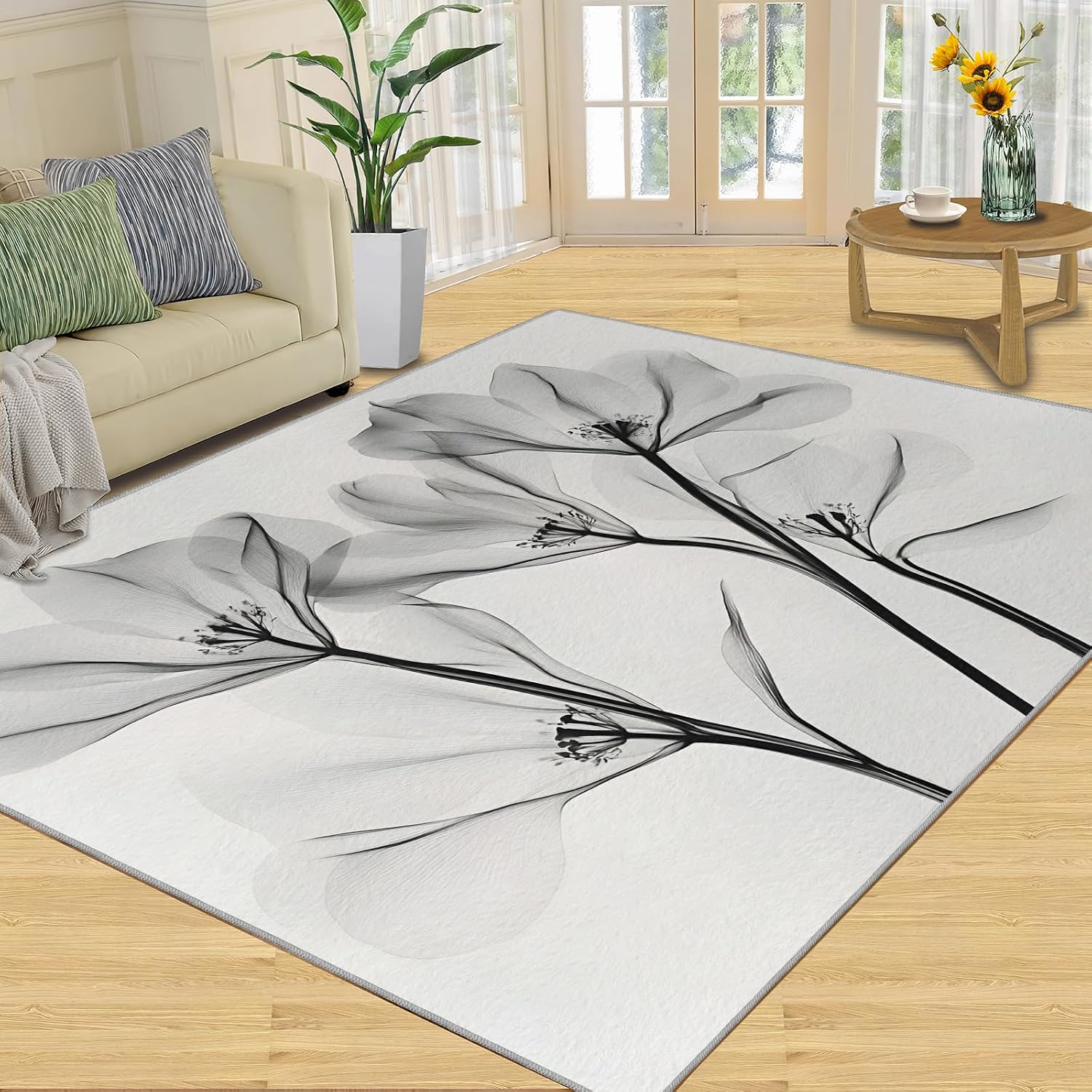 Black and White Laser Flowers Area Rug, Watercolor Flowers Bedroom Rug, Non Slip Bedside Rugs for Living Room Study Office Kitchen Dining Room Decor Floor Mat 6x8