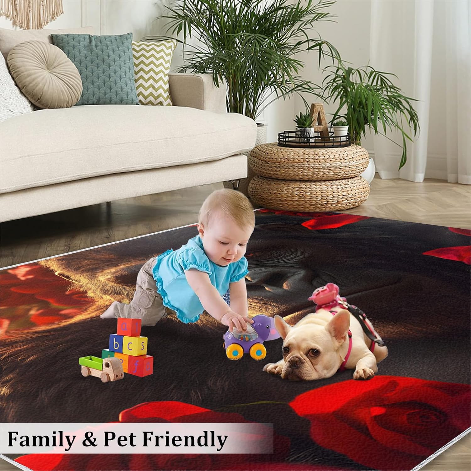 6x8 Gorilla Area Rug - Chimpanzee Large Rugs for Living Room, Romantic Red Roses Gorilla Carpet Area Rug for Girls Bedroom Kids Room Basement Office Classroom