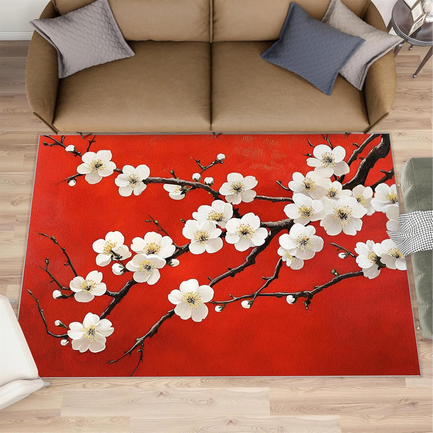 Cherry Blossoms Rug 6x8, Red Background Rugs for Girls Room, Asian Style Rugs for Bedroom, Washable Area Rug for Bedside Dining Room Kitchen Floor Mat