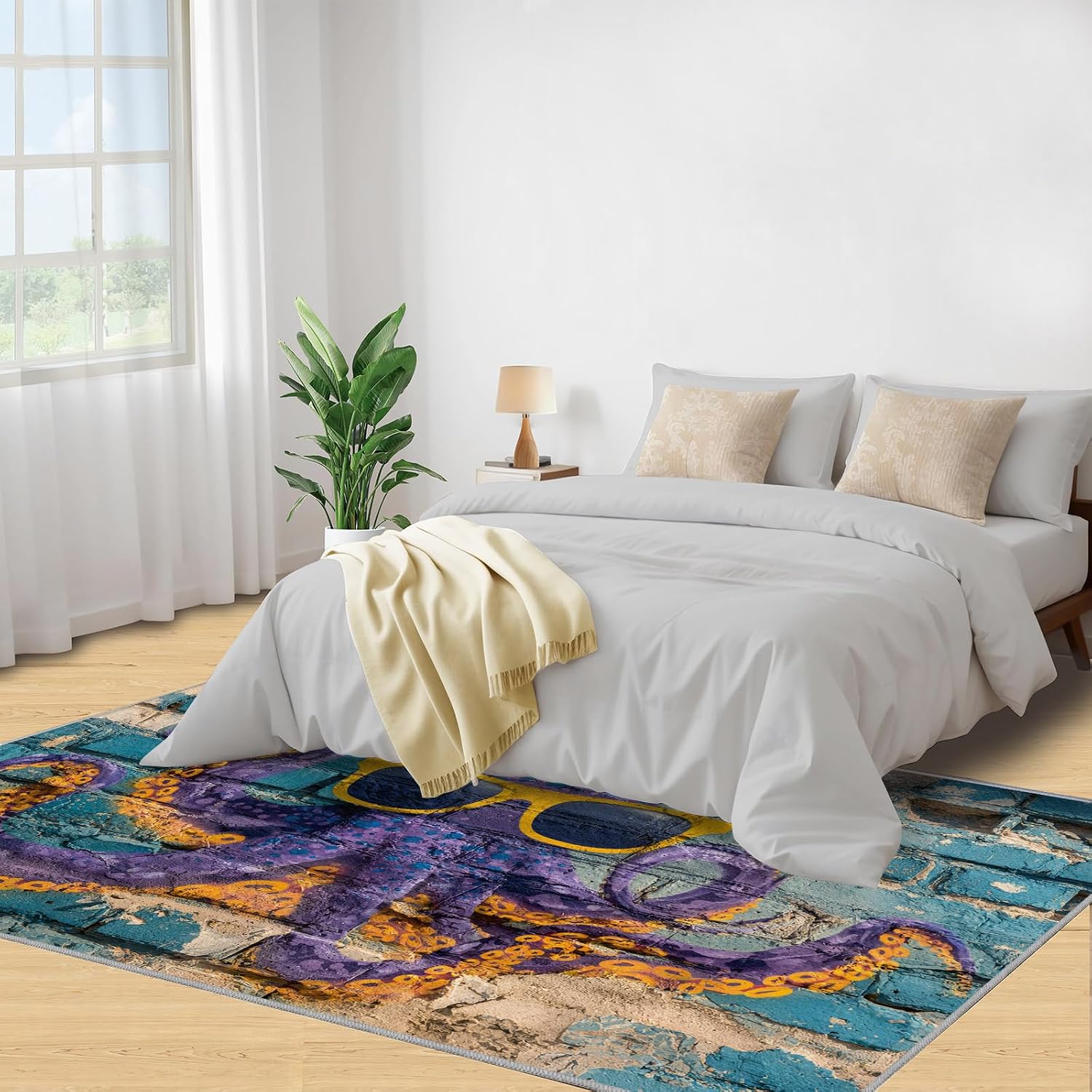 Graffiti Rugs for Bedroom, Street Art Rug 6x8, Octopus Dining Room Rugs Washable & Non Slip Large Carpet for Home Decor