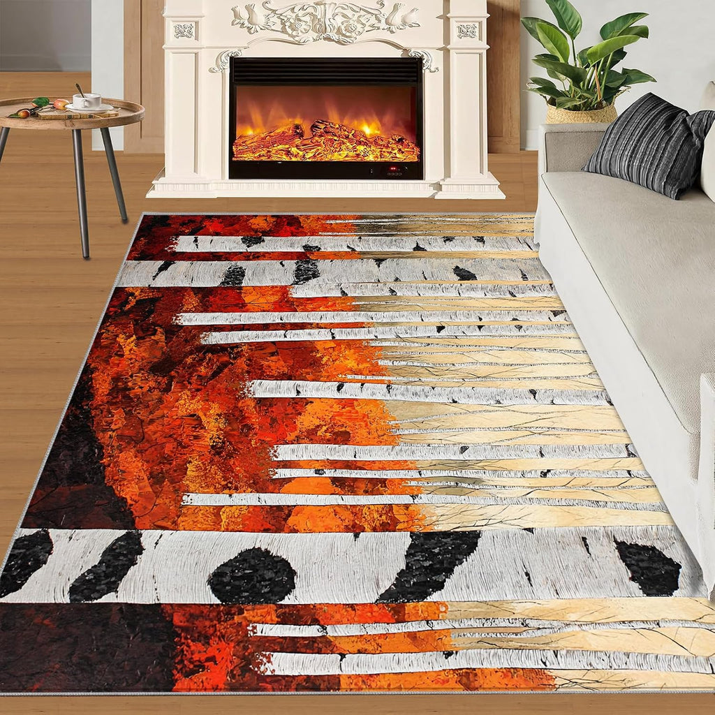 Birch Tree Rug - 6x8 Rug, Autumn Forest Area Rugs for Bedroom, Watercolor Rugs for Living Room, Forest Washable Carpet, Birch Tree Home Decor & Gifts