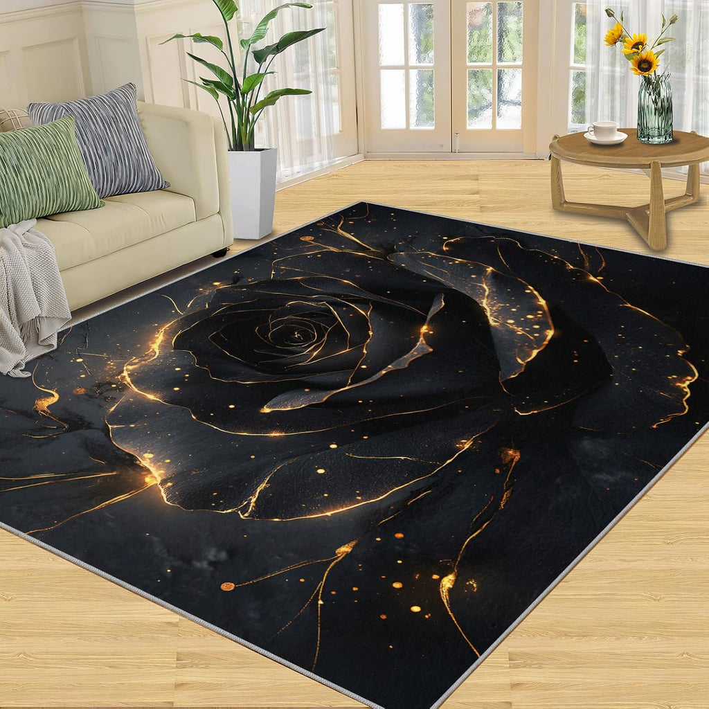 Black Rose Bedroom Rug, Abstract Rose Rugs for Living Room, Washable Area Rug for Dining Room Farmhouse Decor Floor Mat 6x8