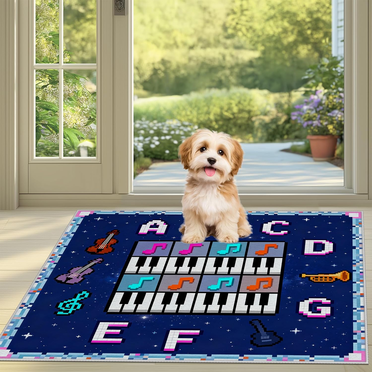 Music Pixel Rug for Boys Girls 4x6, Piano Keys Violin Guitar Area Rug for Playroom Classroom Nursery Preschool Daycare Room Decor, ABC Educational Fun Carpet Non-Slip and Washable