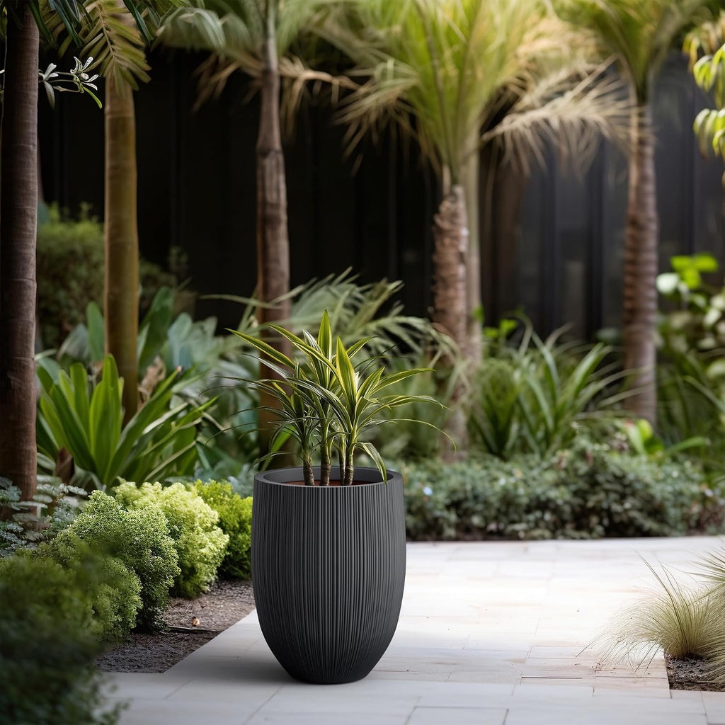 Kante 21.6 Inch Tall Concrete Planter, Large Indoor Outdoor Plant Pot with Drainage, Fluted Black Finish with Painted Interior, Ideal for Porch, Home, Garden, Patio