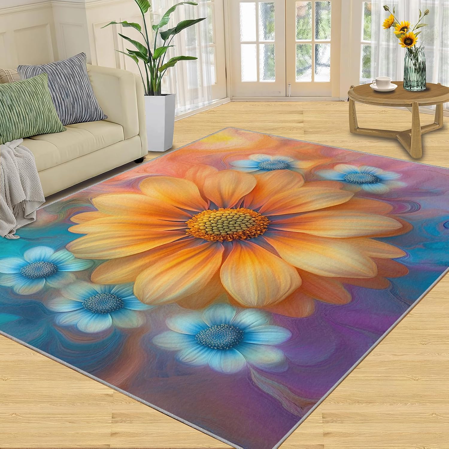 6x8 Florals Area Rug - Abstract Florals Large Rugs for Living Room, Watercolor Flowers Carpet Area Rug for Girls Bedroom Kids Room Basement Office Classroom