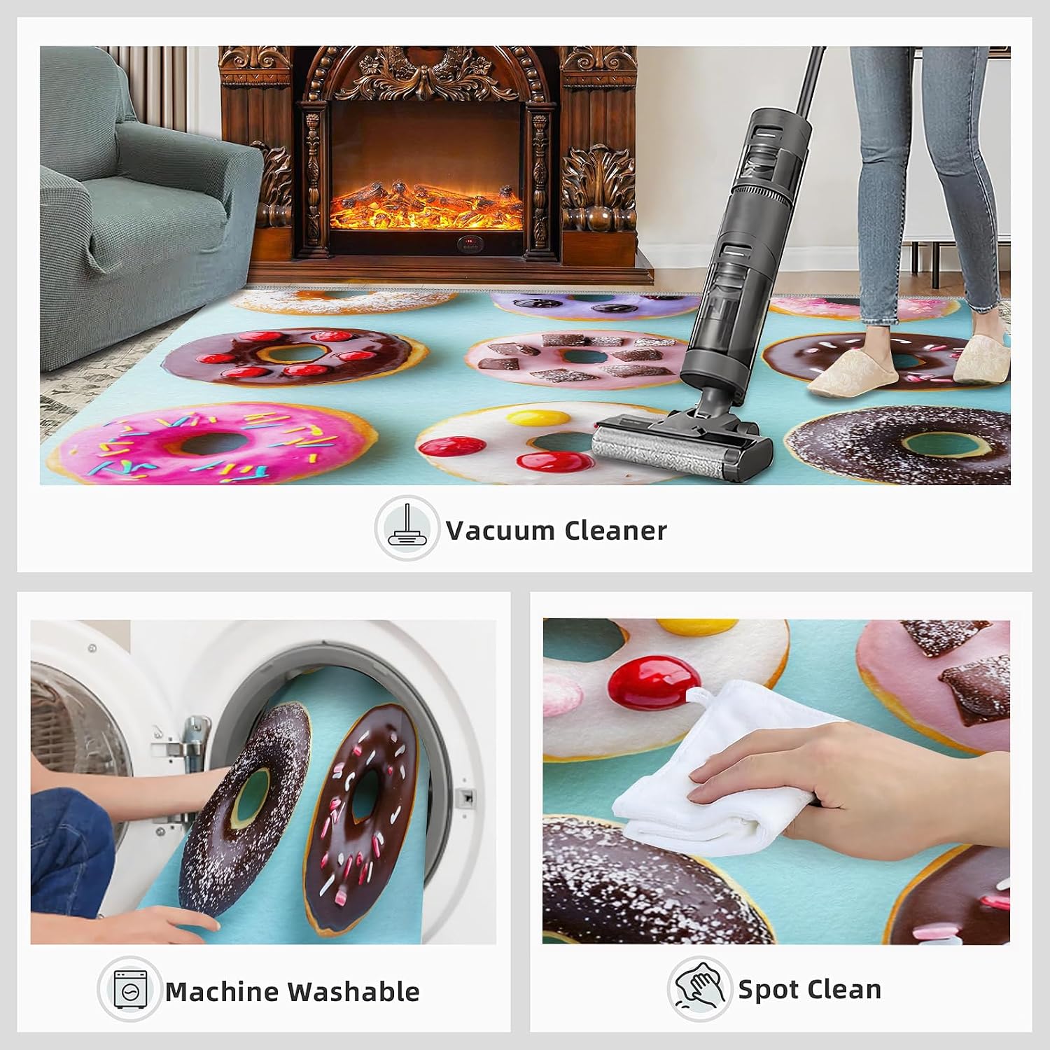 Donut Rug 6x8, Cake Rugs for Bedroom, Dessert Shop Rugs for Living Room, Washable Area Rug for Boys Girls Bedroom, Low Pile & Non Slip Carpet