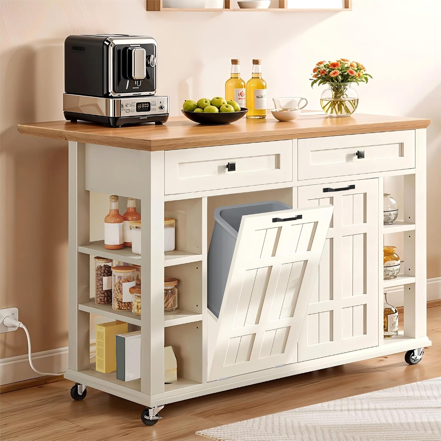 YITAHOME Rolling Kitchen Island with Drop Leaf, 51 Inch Kitchen Cart with Trash Can Cabinet, Americana Center Island with Power Outlet, Mobile Foldable Dining Table with Open Shelves, Off-White