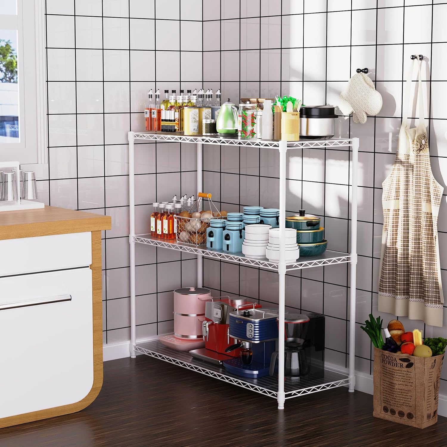 3 Tier NSF Wire Shelf Shelving Unit, 18 x 48 x 48 Inch 1050lbs Capacity Heavy Duty Adjustable Storage Metal Rack with Leveling Feet & Shelf Liners, Ideal for Garage, Kitchen, Office and More - White