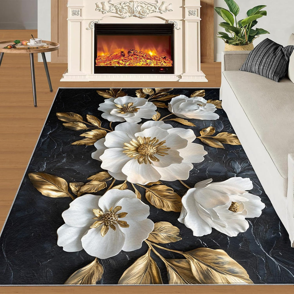 Relief Flower Area Rug Large - 6x8 Rug, Black Gold Flower Rugs for Living Room, Floral Carpet, Modern Washable Area Rugs for Bedroom, Aesthetic Carpet, Floral Home Decor