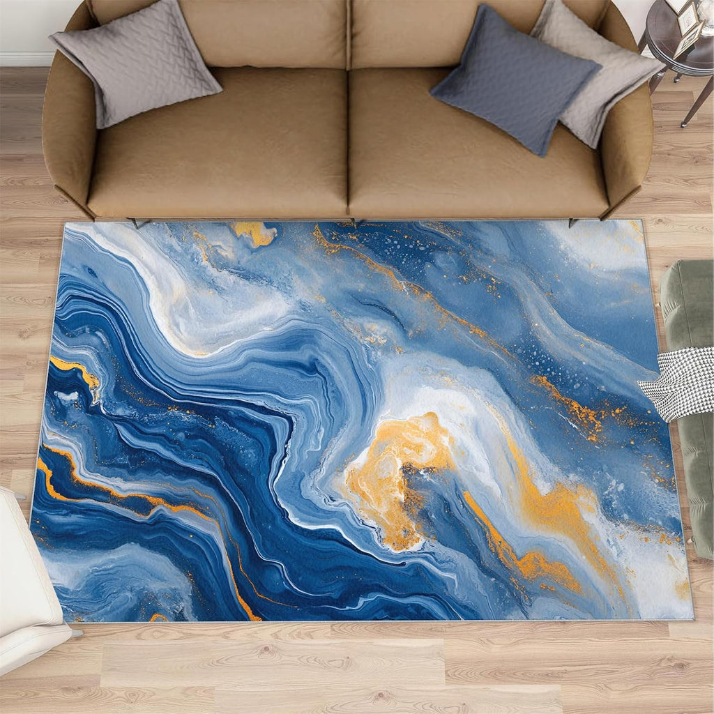 Blue Fluid Carpet - Large Rug 6x8 - Blue Gold Rugs for Living Room - Soft & Non Slip & Washable Rugs for Bedroom, Marble Carpets for Dining Room Lounge Girls Room