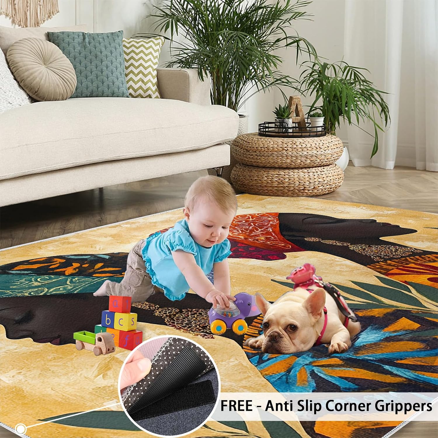 Black Women Area Rug 6x8, African Women Rugs for Living Room, Retro Ethnic Bedroom Rug, Machine Washable Rugs for Sofa Kitchen Dining, Non-Slip Home Decor Carpet