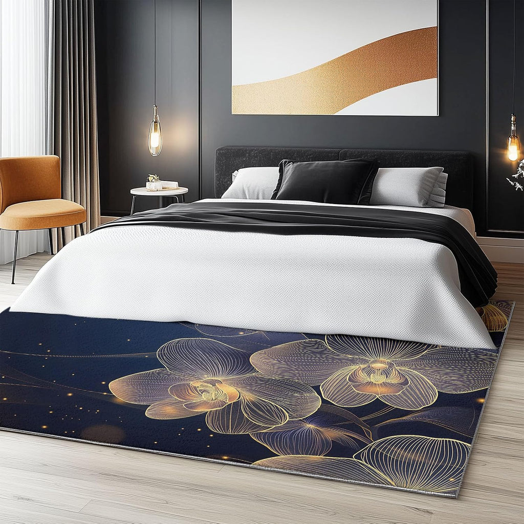 Washable Non-Slip Area Rug Resistant, Artistic Gold Line Orchid Theme for of Living Room Bedroom Kids Room, Nursery, Office, Kitchen, Multicolor 6 x 8 ft Carpet Pet & Child Friendly