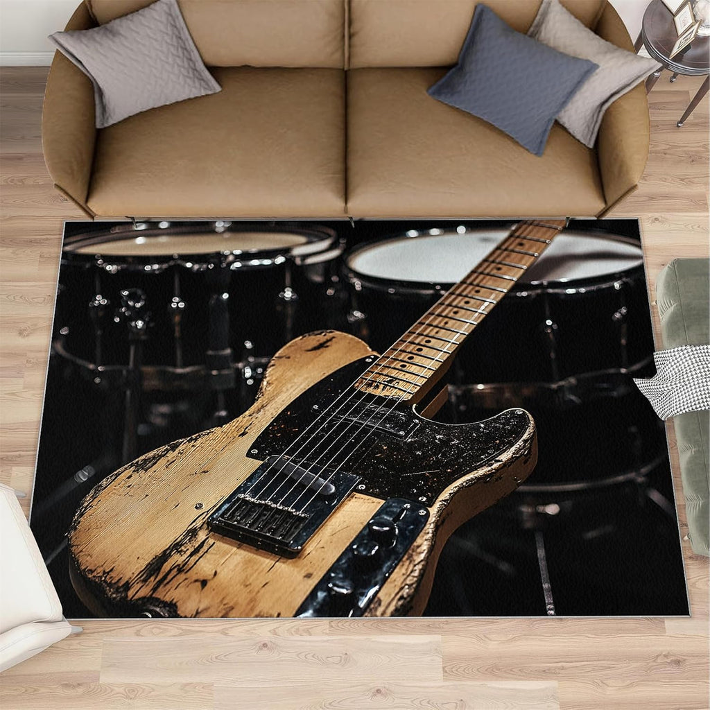 Music Rug 8x10-8x10 Rug, Guitar Area Rugs for Living Room Bedroom, Drum Set Rugs, Acoustic Guitar Washable Carpet, Boys Carpet, Music Lovers Home Decor & Gifts