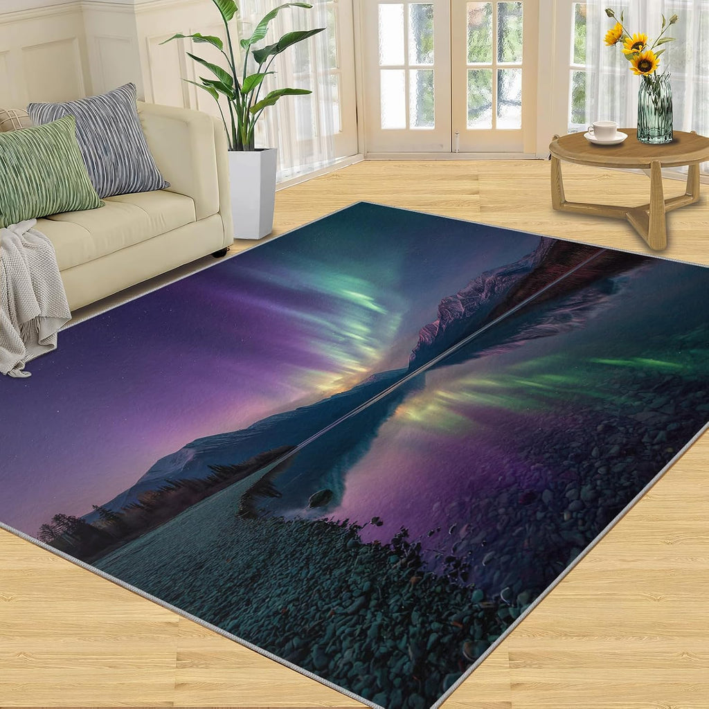 Aurora Rugs for Bedroom, Northern Lights Rug 6x8, Polar Landscapes Dining Room Rugs Washable & Non Slip Large Carpet for Home Decor